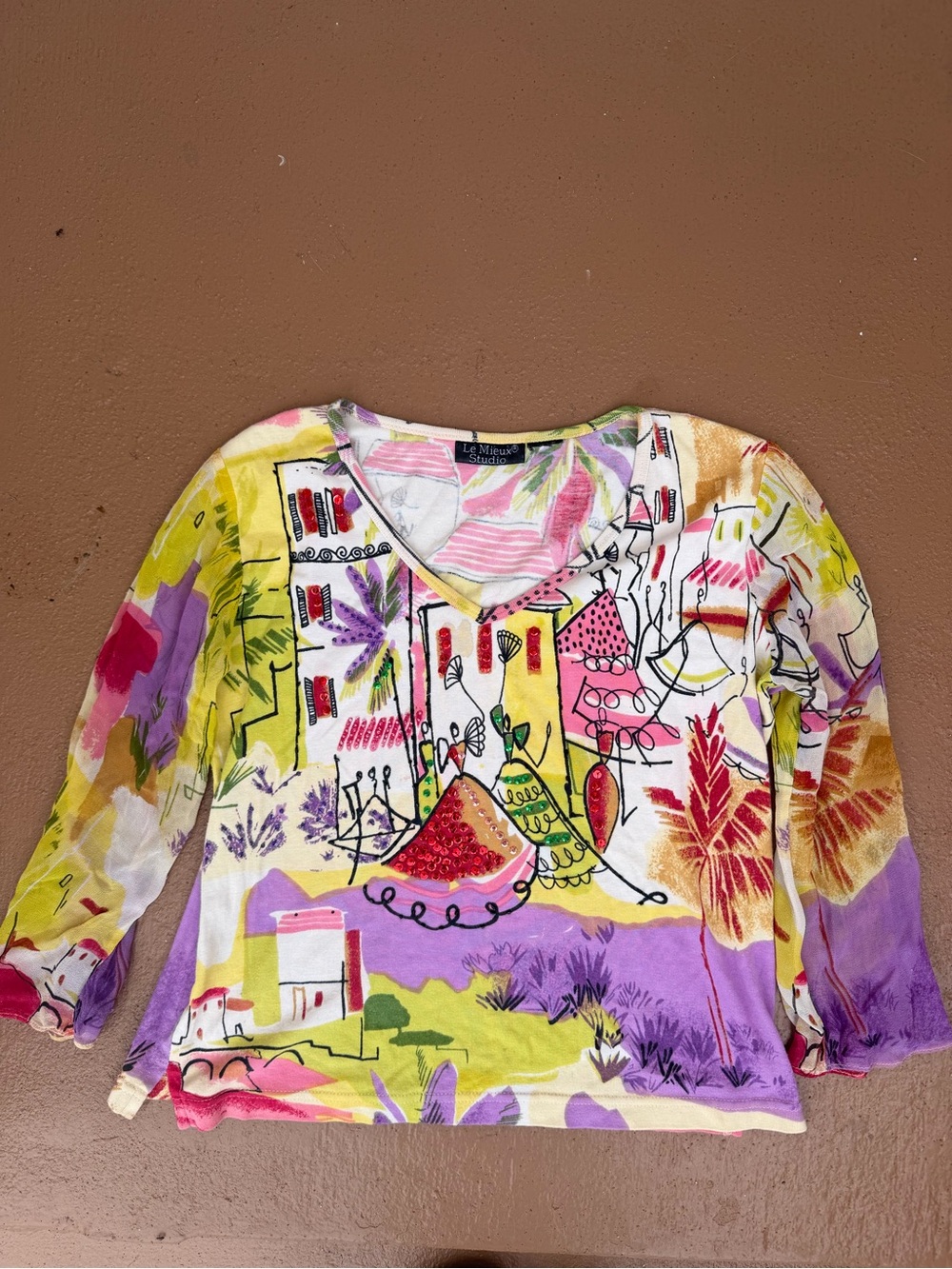 90’s Le Mieux Studio Colorful Abstract V-Neck Top - Pink & Yellow